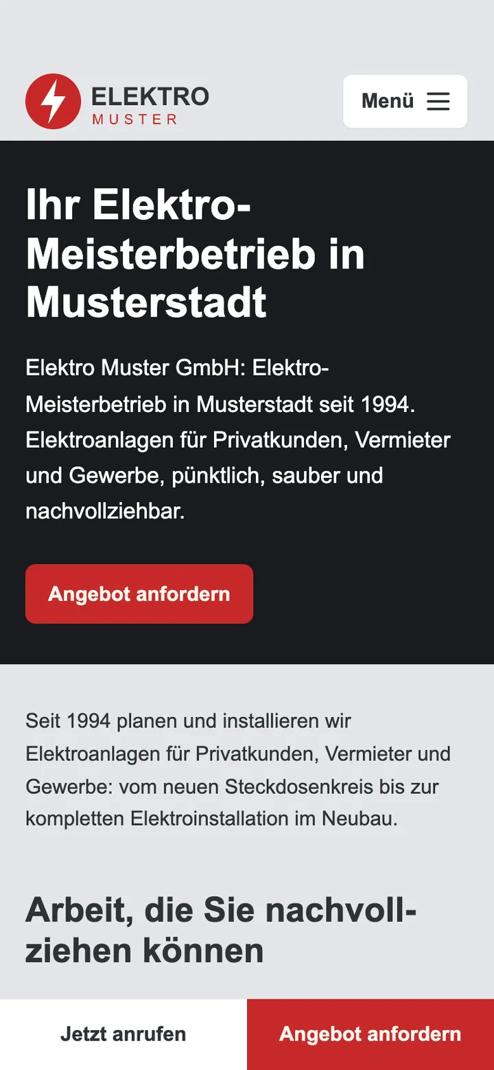 Die neue Fassung auf dem Smartphone: Logo, gut lesbare Überschrift und Einleitung auf dunklem Grund, die Schaltfläche „Angebot anfordern“, unten „Jetzt anrufen“ und „Angebot anfordern“.