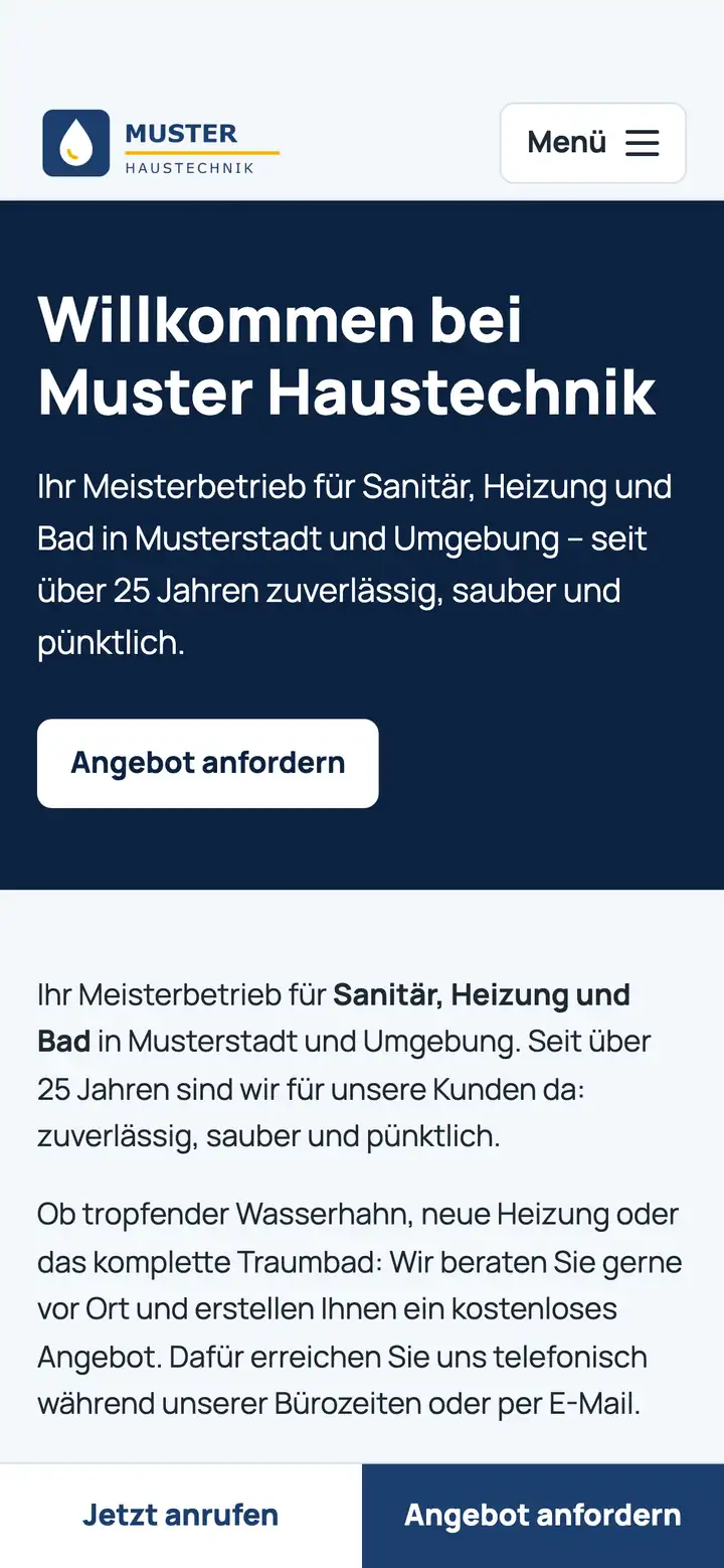 Die neue Fassung auf dem Smartphone: Logo, gut lesbare Überschrift und Einleitung auf dunklem Grund, die Schaltfläche „Angebot anfordern“, unten „Jetzt anrufen“ und „Angebot anfordern“.