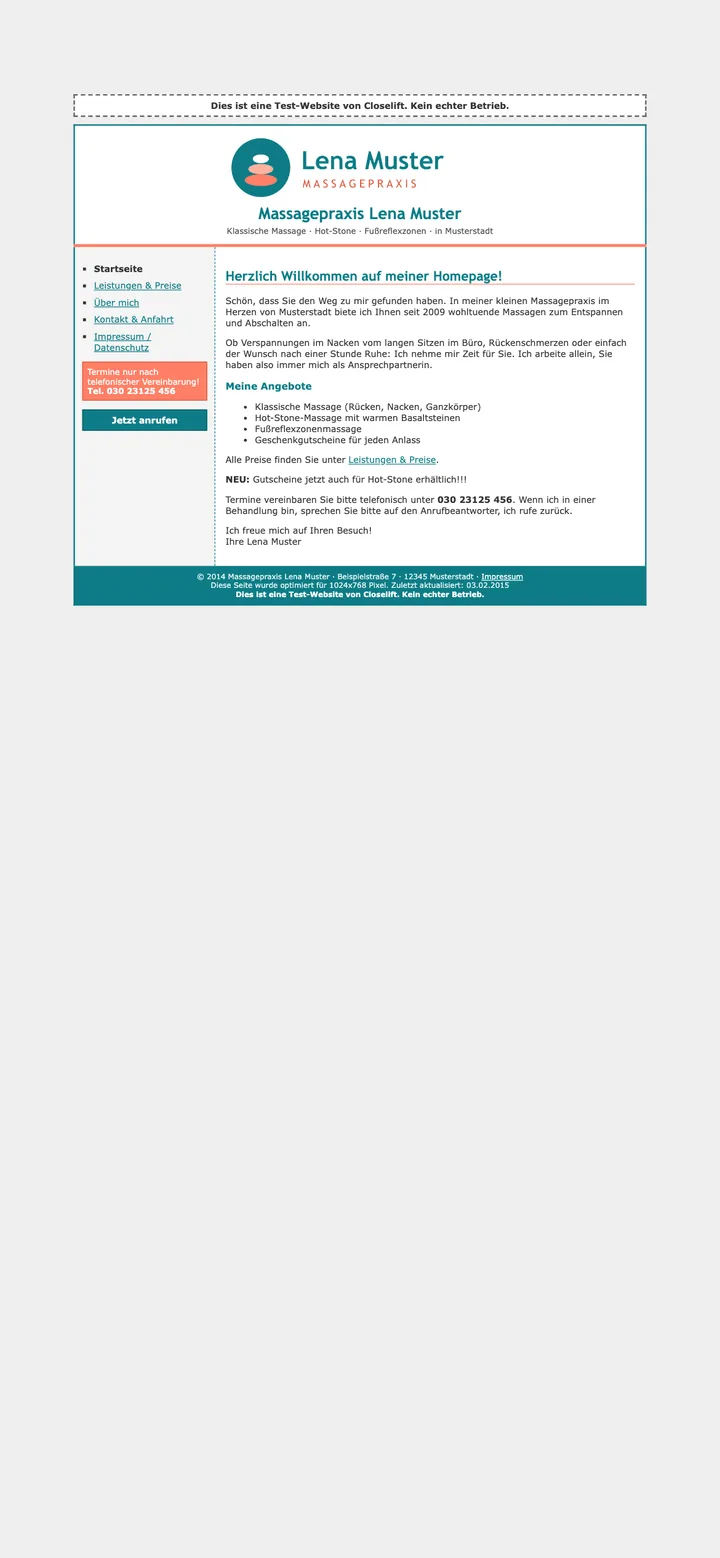 Die alte Website unserer Test-Massagepraxis auf dem Smartphone: winzige Schrift, Tabellen-Layout, Termine nur nach telefonischer Vereinbarung.