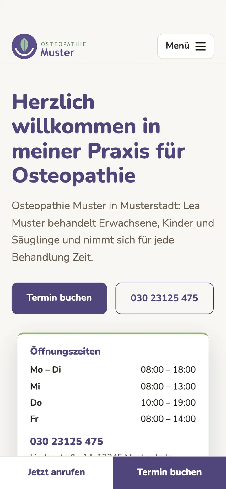 Die neue Fassung auf dem Smartphone: Logo, gut lesbare Überschrift, kurze Einleitung, Schaltflächen zum Buchen und Anrufen, darunter die Öffnungszeiten.