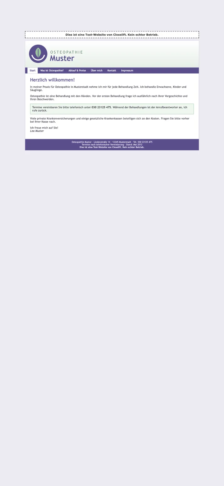 Die alte Website unserer Test-Praxis für Osteopathie auf dem Smartphone: winzige Schrift, Reiter-Menü, Termine nur nach telefonischer Vereinbarung.
