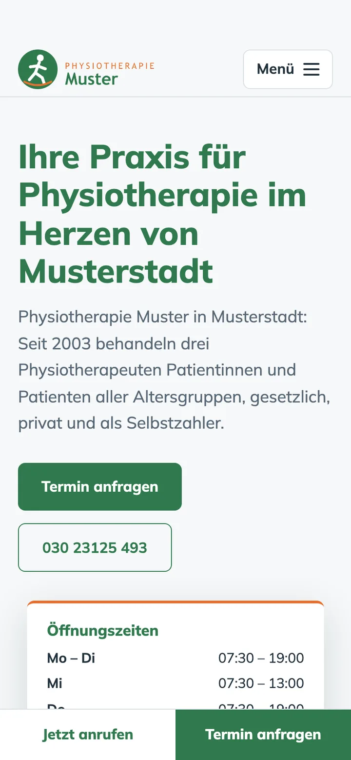 Die neue Fassung auf dem Smartphone: gut lesbare Überschrift, kurze Einleitung, Schaltflächen für die Terminanfrage und zum Anrufen, darunter die Öffnungszeiten.
