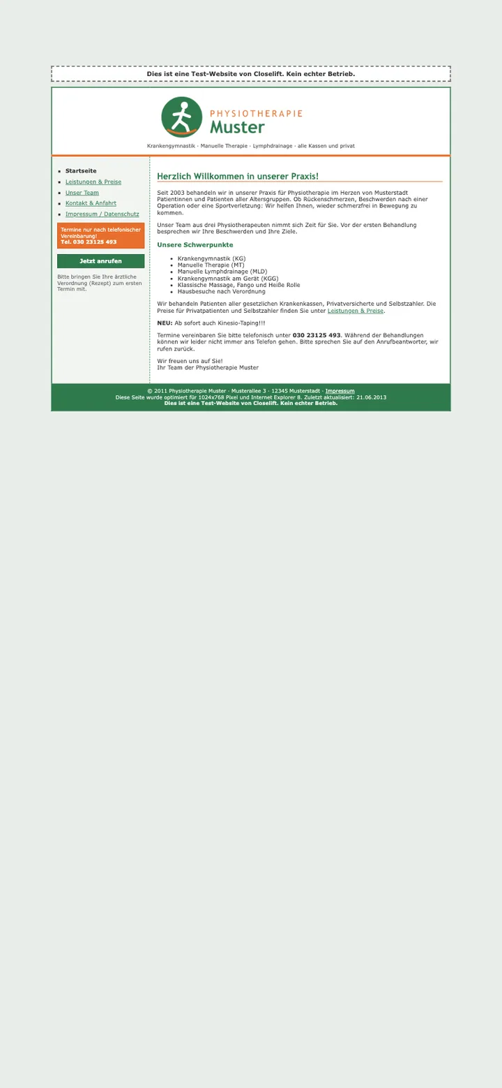 Die alte Website unserer Test-Praxis für Physiotherapie auf dem Smartphone: winzige Schrift, Tabellen-Layout, Termine nur nach telefonischer Vereinbarung.