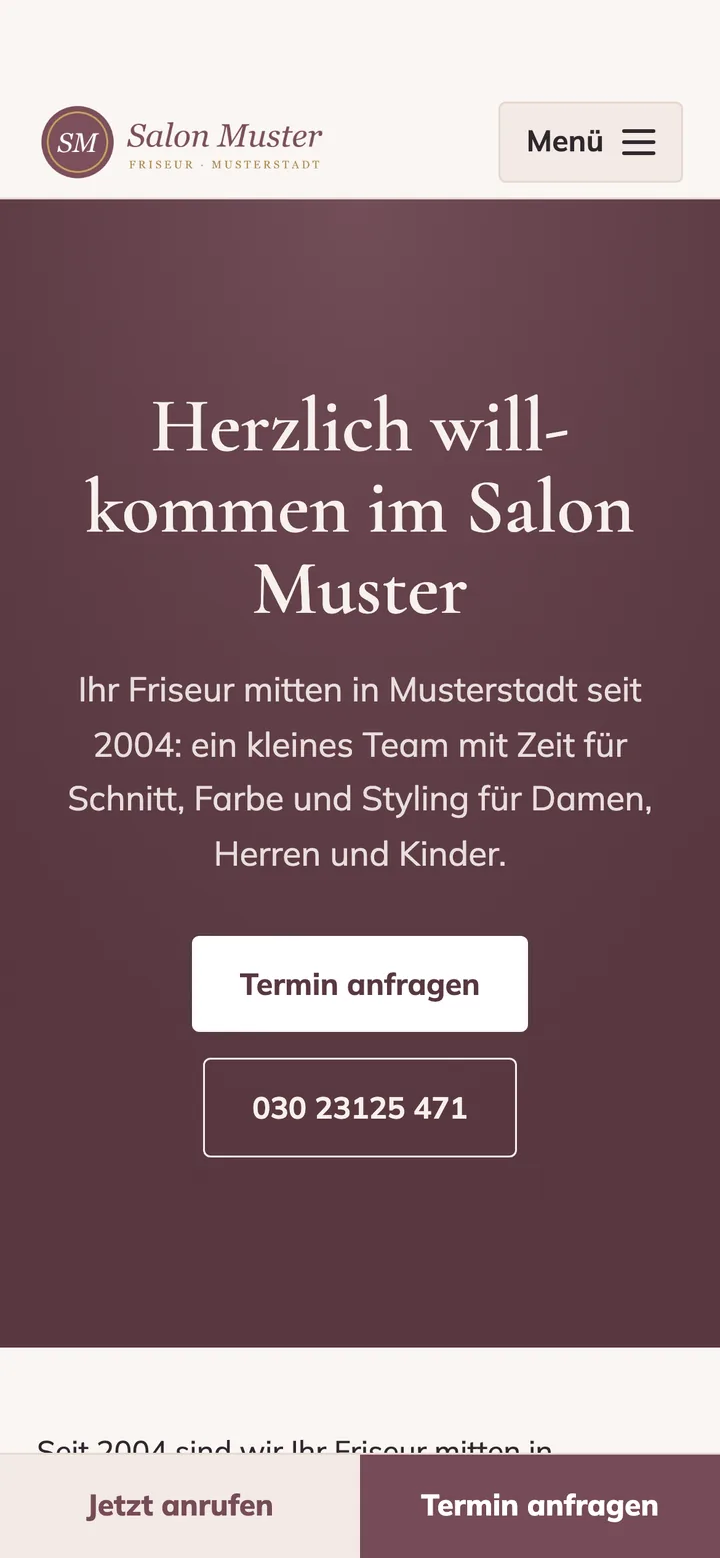 Die neue Fassung auf dem Smartphone: gut lesbare Überschrift, kurze Einleitung, Schaltflächen für die Terminanfrage und zum Anrufen.