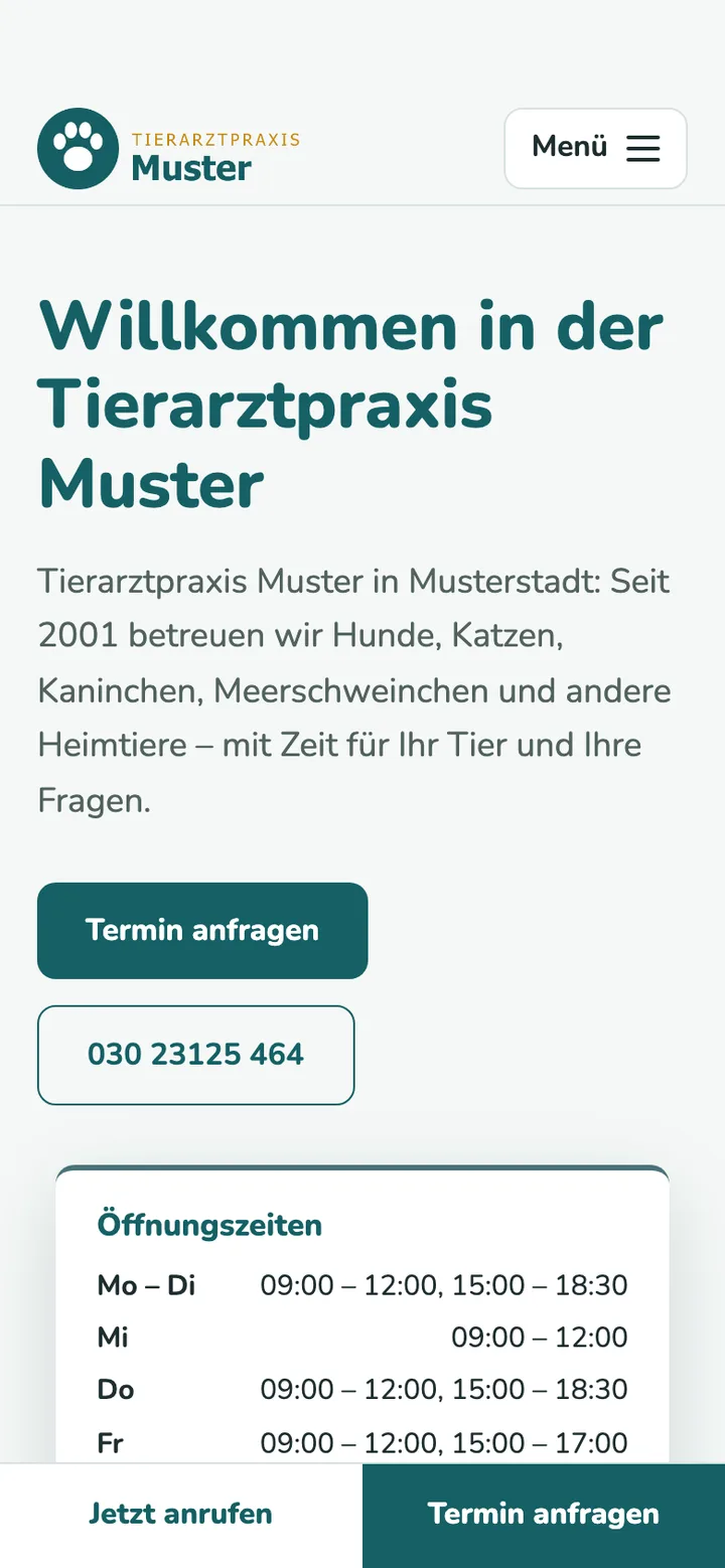 Die neue Fassung auf dem Smartphone: Logo, gut lesbare Überschrift, kurze Einleitung, Schaltflächen für die Terminanfrage und zum Anrufen, darunter die Sprechzeiten.