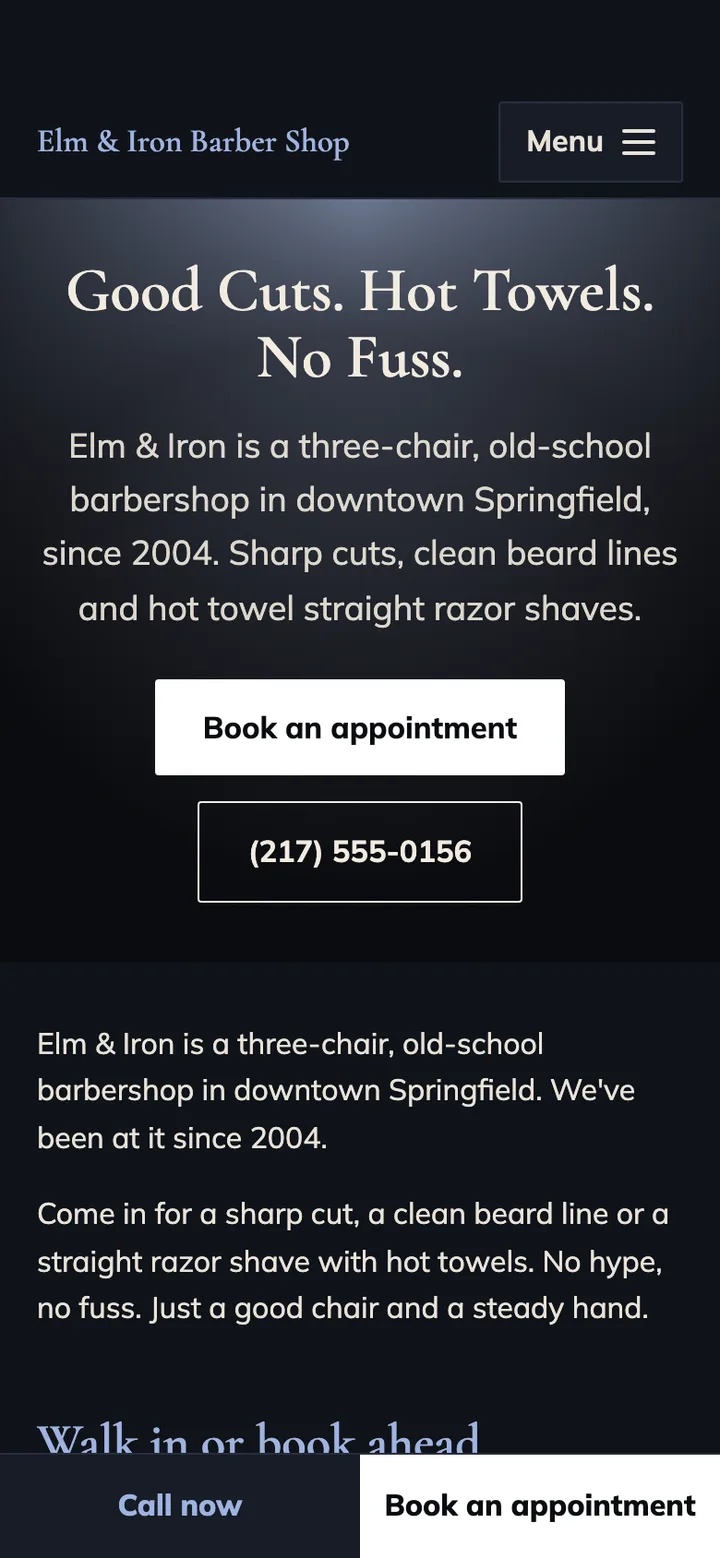The new version on a phone: a large headline and introduction on a dark background, buttons to book an appointment and to call, and “Call now” and “Book an appointment” at the bottom.