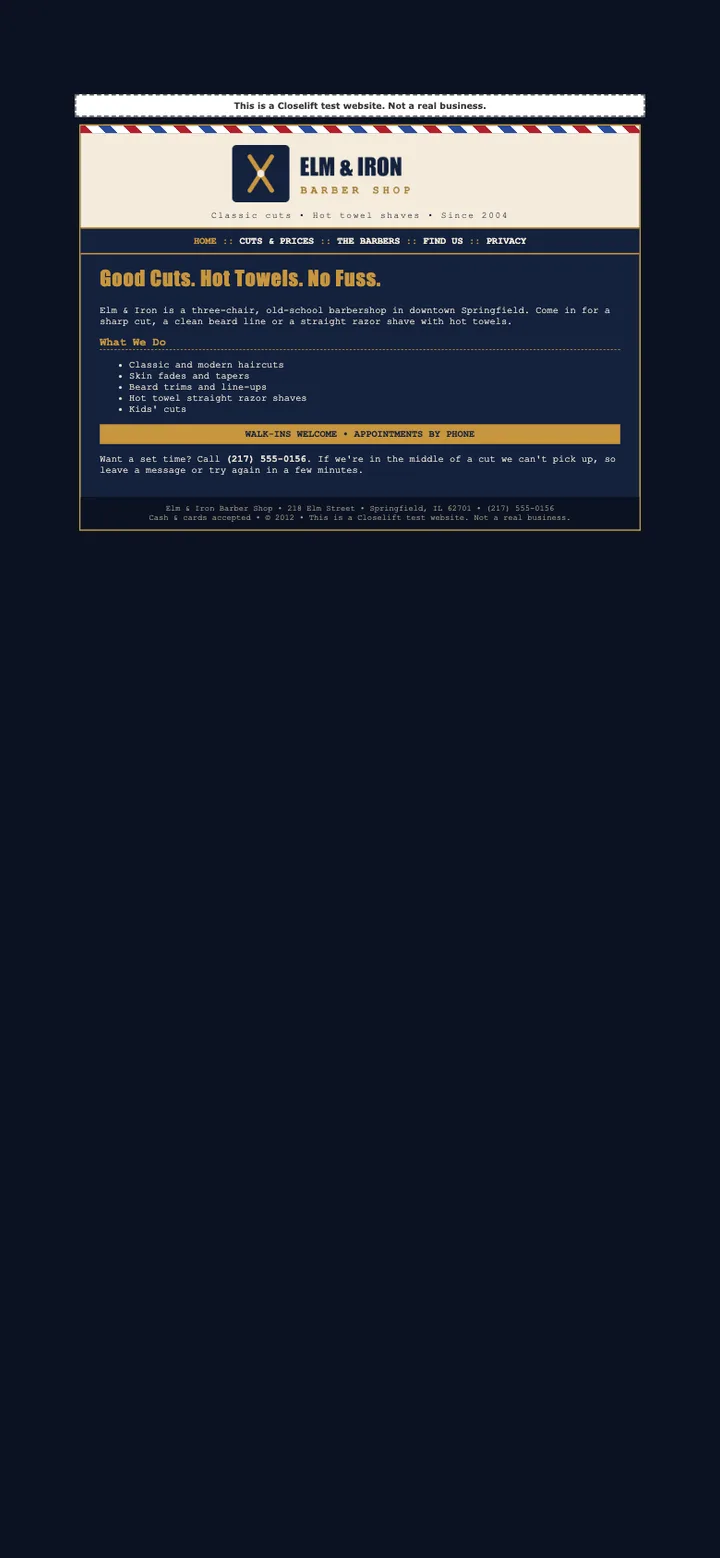The old website of our test barbershop on a phone: tiny typewriter text on a dark page, appointments by phone only.