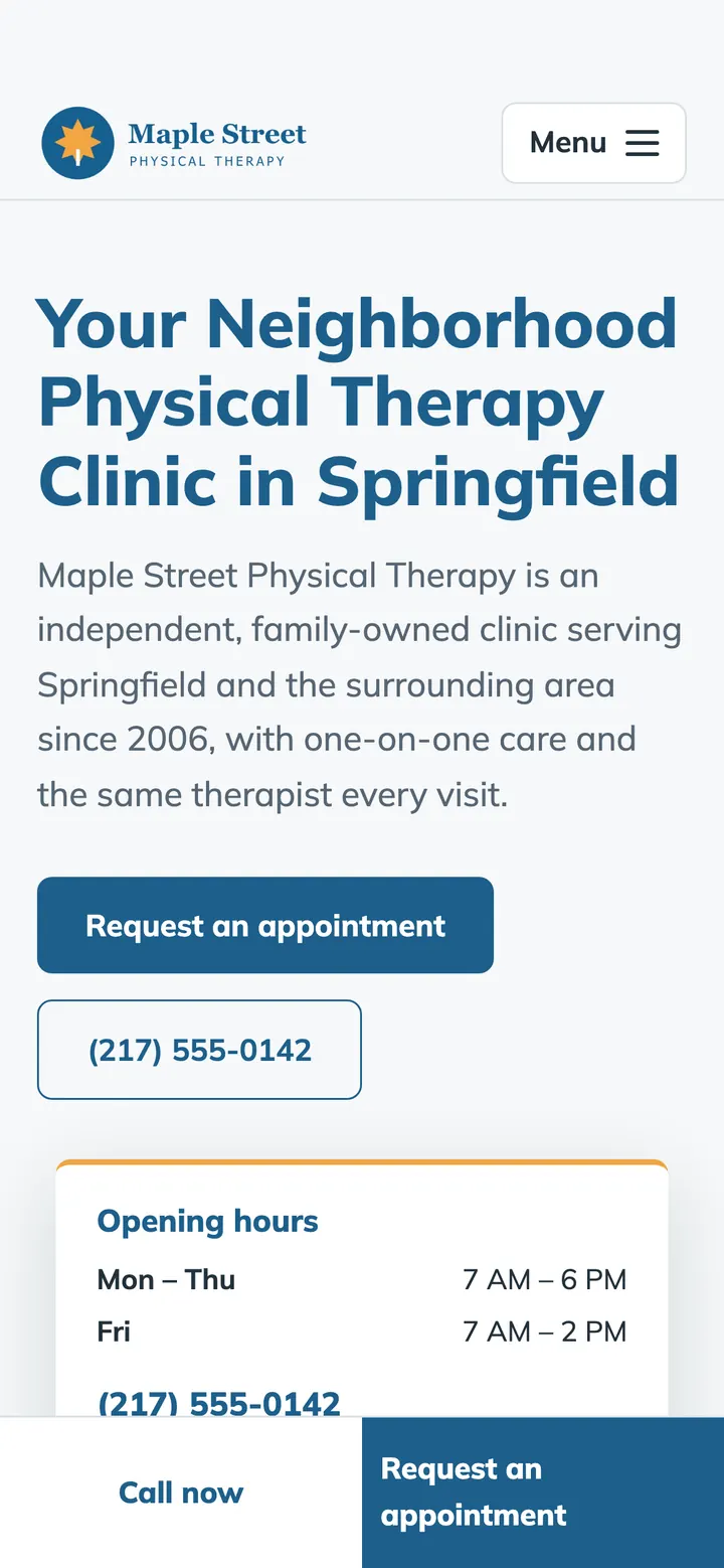 The new version on a phone: a large headline, a short introduction, buttons to request an appointment and to call, the opening hours below.
