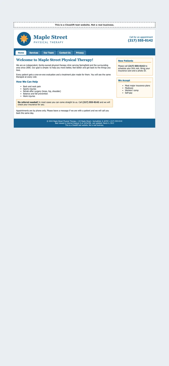 The old website of our test physical therapy clinic on a phone: tiny text, tabs and a sidebar, appointments by phone only.
