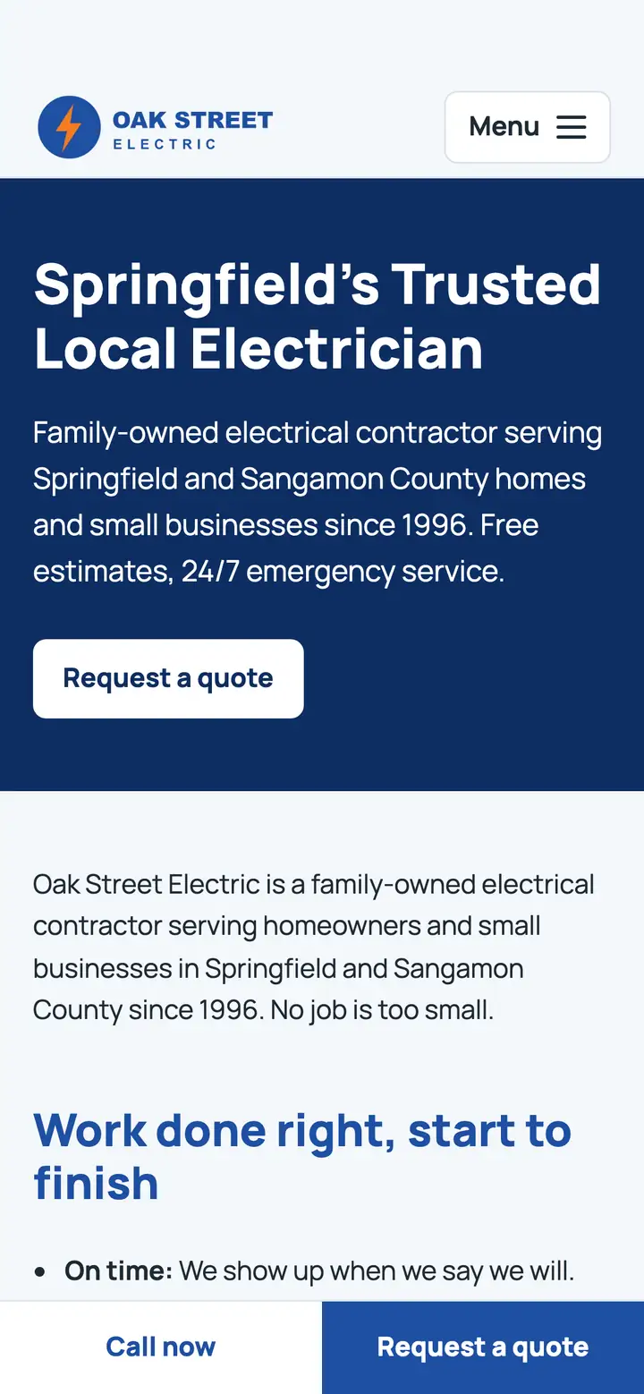 The new version on a phone: the logo, a large headline and introduction on a dark background, a “Request a quote” button, and “Call now” and “Request a quote” at the bottom.