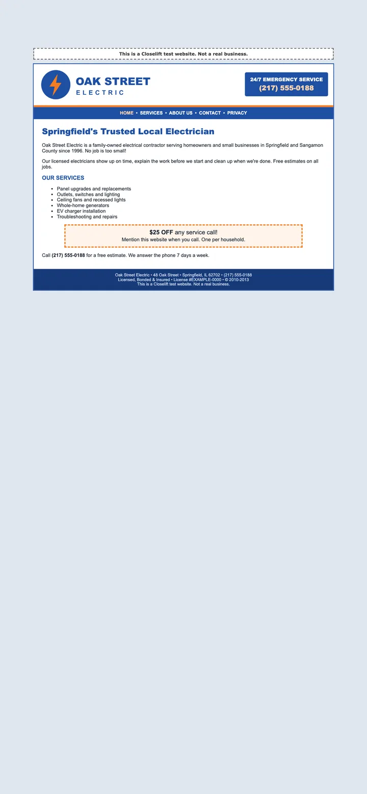 The old website of our test electrician on a phone: tiny text, a banner and a coupon box, estimates by phone only.