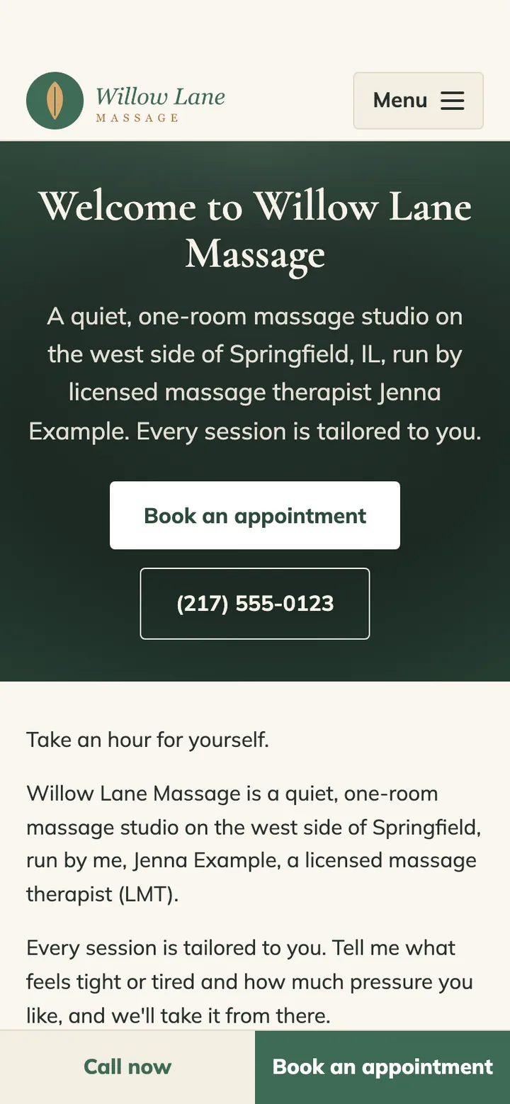 The new version on a phone: a large headline and introduction on a green background, buttons to book an appointment and to call, and “Call now” and “Book an appointment” at the bottom.