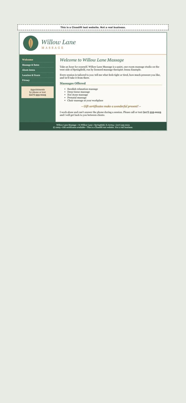 The old website of our test massage studio on a phone: tiny text, a table layout with a side menu, appointments by phone or text only.