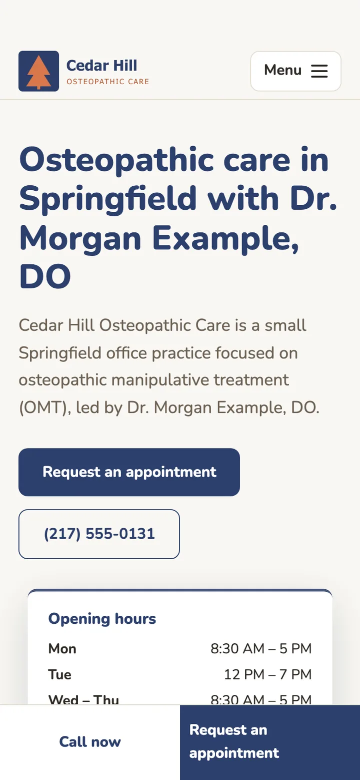 The new version on a phone: a large headline, a short introduction, buttons to request an appointment and to call, the office hours below.