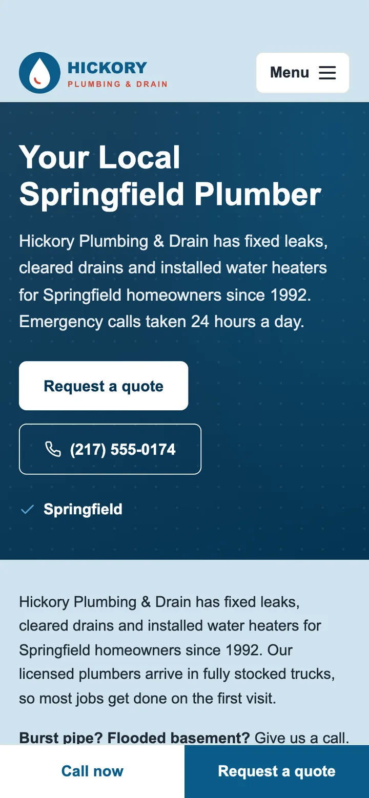 The new version on a phone: the logo, a large headline and introduction on a dark blue background, a “Request a quote” button and the phone number, and “Call now” and “Request a quote” at the bottom.