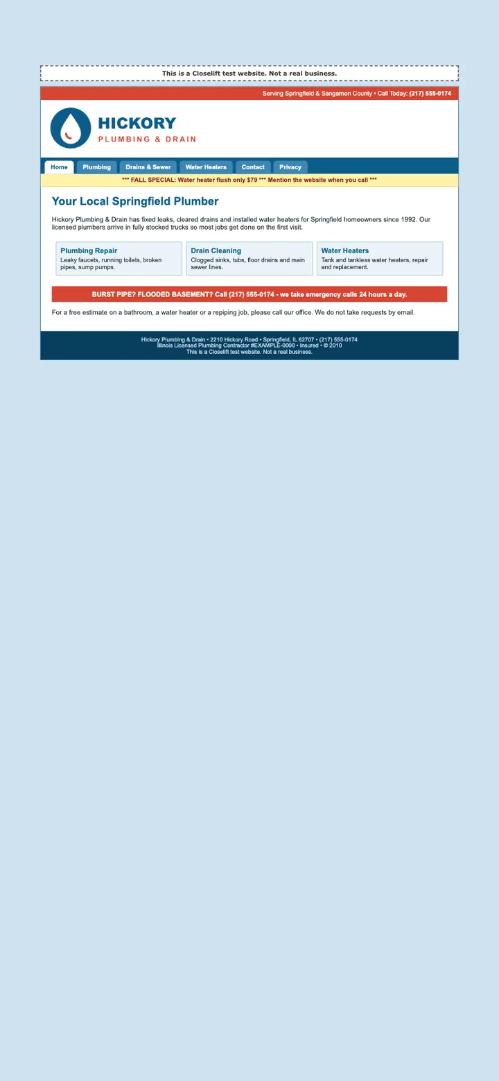 The old website of our test plumber on a phone: tiny text, tabs, a scrolling special and three small boxes, estimates by phone only.