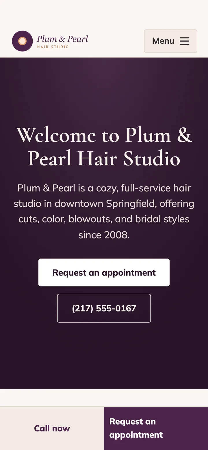 The new version on a phone: a large headline, a short introduction, buttons to request an appointment and to call.