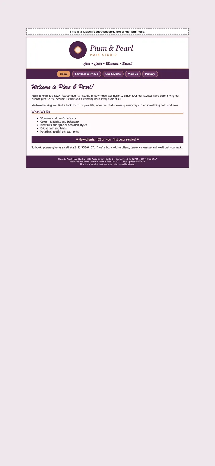 The old website of our test hair salon on a phone: tiny text, a fixed-width page, appointments by phone only.