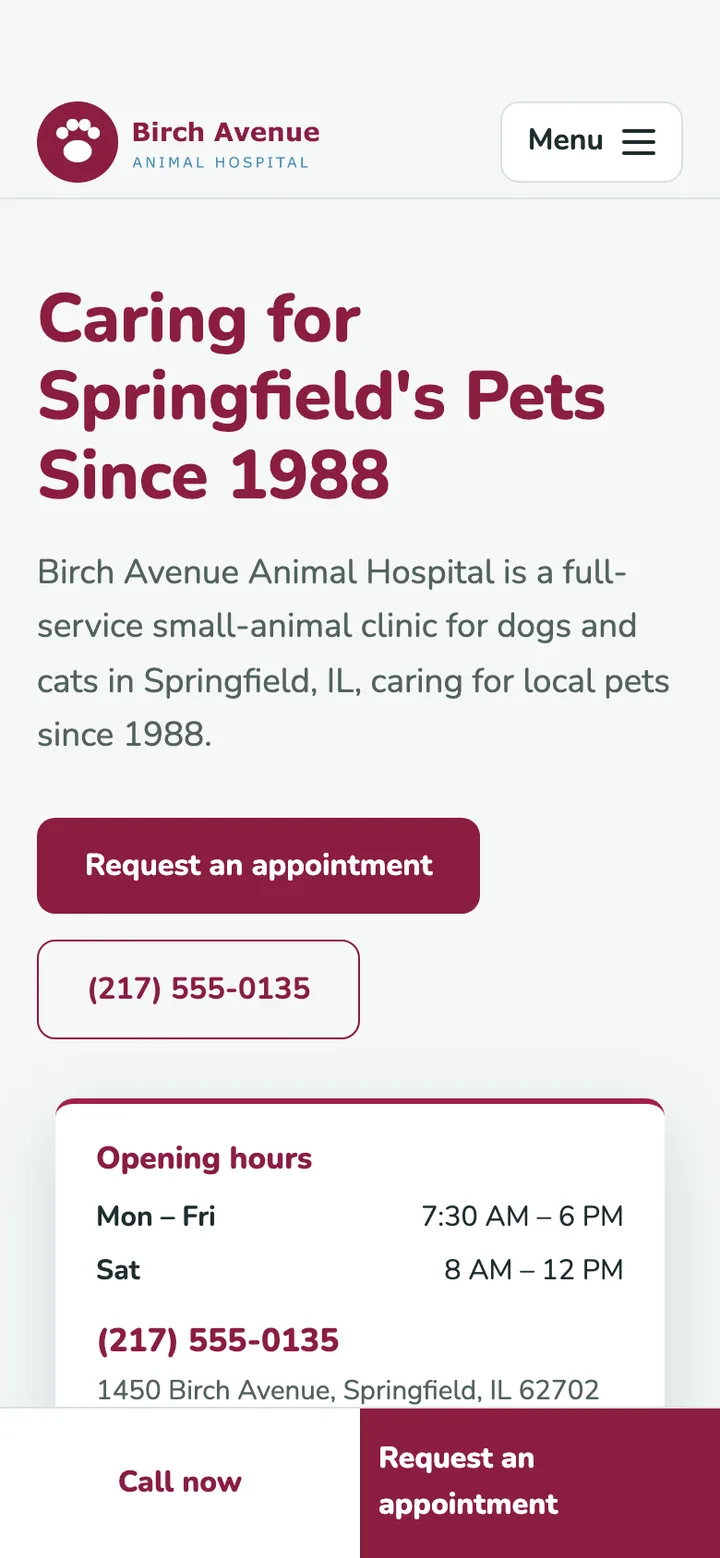 The new version on a phone: a large headline, a short introduction, buttons to request an appointment and to call, the opening hours below.